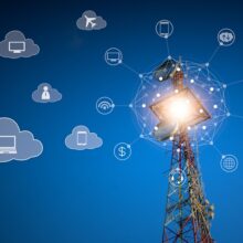 Telecommunications on cloud services, telecommunications tower with network connection and technology icon