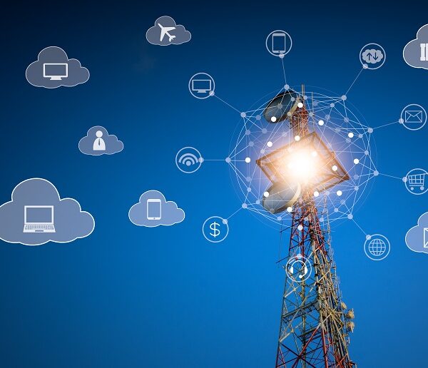 Telecommunications on cloud services, telecommunications tower with network connection and technology icon